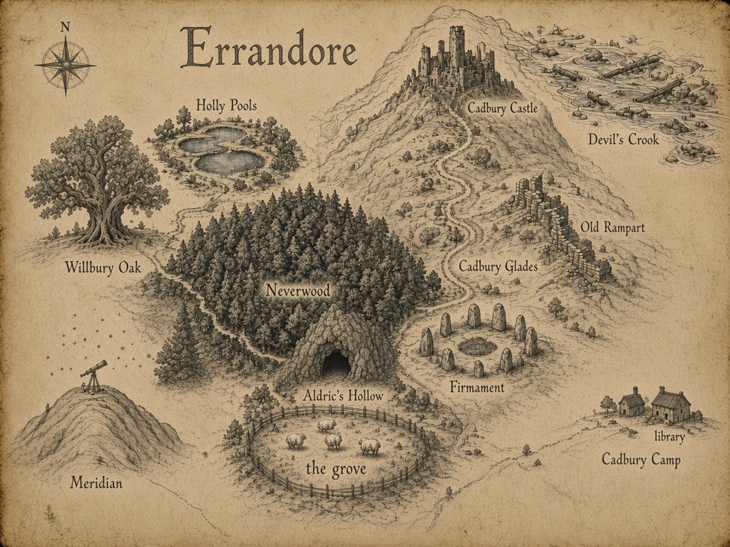 A sketched map of Errandore, from the grove and Neverwood up to Cadbury Castle.